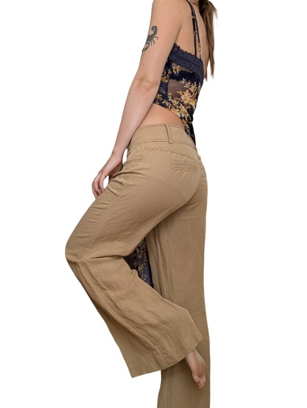 Y2K Cachè Linen Silk Blend Wide Leg Low Rise Pants in Tan Size 6 Boho Business